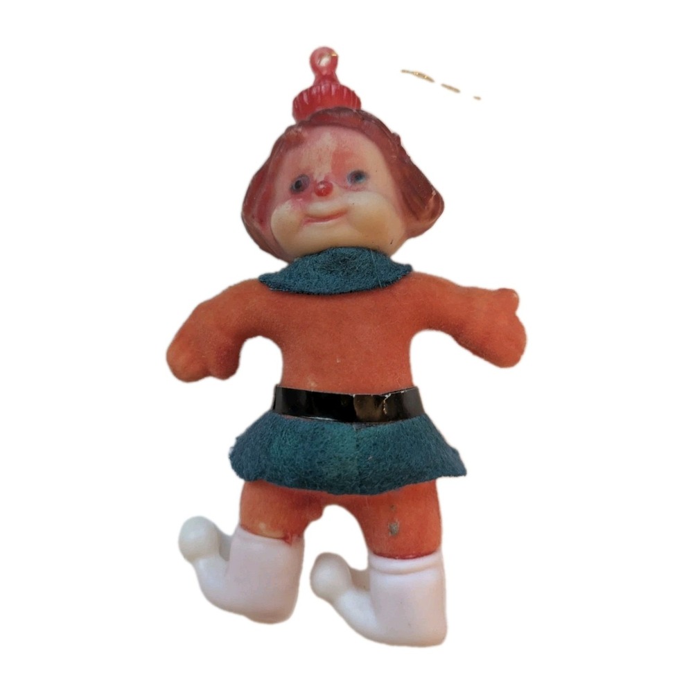Vintage Flocked Pixie Elf Christmas Tree Ornament Brown Hair Blue Eyes 4" Japan